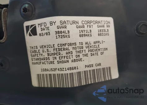 2003 Saturn Ion 2 из США, поврежденный, VIN 1G8AJ52F43Z148601